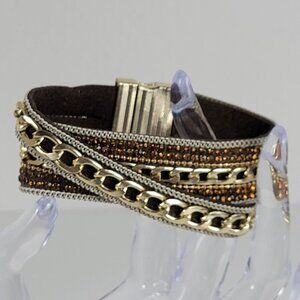 Gold-Tone Multi Chain Charm Leather Cuff Bracelet 7 In Magnetic Clasp
